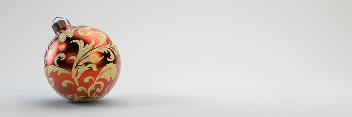 Red Christmas ball with gold ornament on a light background. New year's design. 3D-visualization