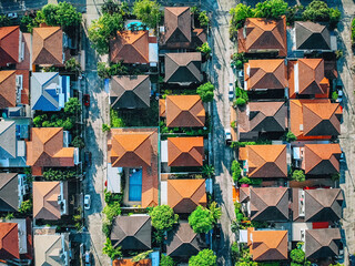 Aerial top down view flying over city showing neighborhood family houses real estate with orange red roofs and gardens