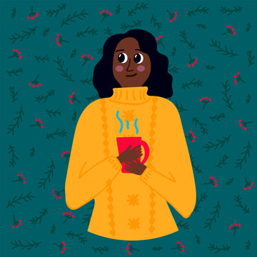 A woman with a hot drink. Vector illustration in flat style of frozen people warming. Poster of a girl in a yellow sweater with a winter Christmas background. Drawing of a Man warming with a Cup