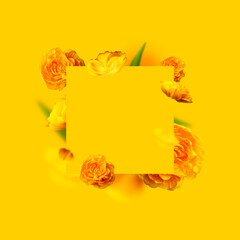 Creative floral composition with yellow tulips. Flying tulip flowers and petals on yellow background copy space. Spring blossom concept, nature layout, greeting card for 8 March, Valentine's day