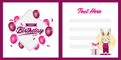 Square birthday party invitation card template design with bunny character design