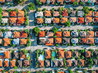 Aerial top view villages with orange roofs and gardens with nature green on the outskirts of the city