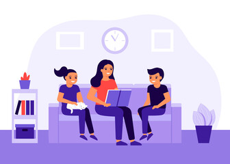 Read book. Happy family spends time together at home. Mother and children sit on couch together at home. Vector illustration