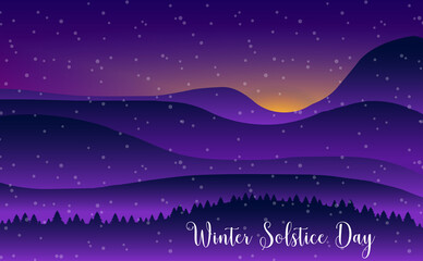 Winter solstice day in December the 21. Greeting card design template. The dark sky with sunset or sunrise. The longest night in the year. - 397890171