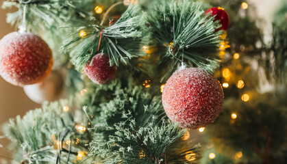 Christmas decorations at home. New year lights, toy, wreath and tree