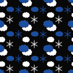 Clouds with white and blue snowflakes on black background