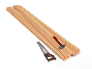 Wooden boards, hacksaw and hammer, 3D rendering