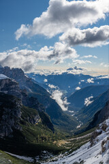 First snow in the Italian dolomites during autumn. World heritage in South Tyrol in Italy, sunny day.