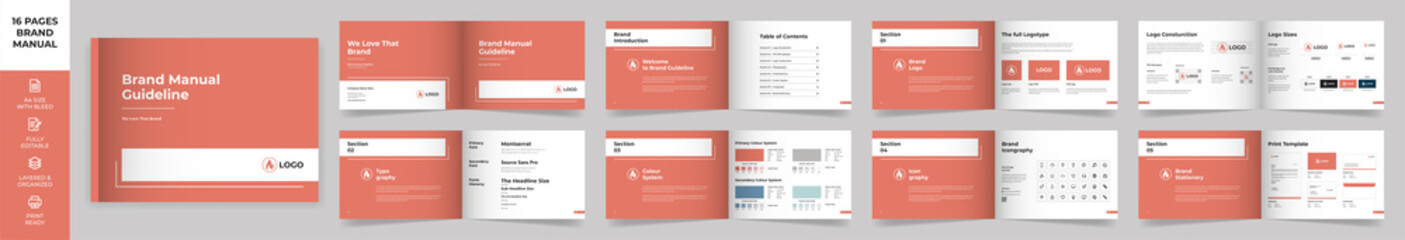 Landscape Brand Manual Template, Simple style and modern layout Brand Style , Brand Book, Brand Identity, Brand Guideline, Guide Book