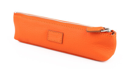 New orange leather pencil case isolated on white - Powered by Adobe