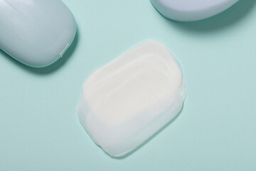 Portable Bath Disposable Soap Sheets, Mini Paper Soap on blue background