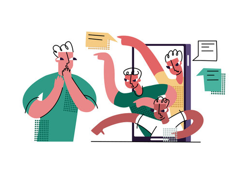 Vector flat isolated illustration with concept of Internet trolling, bullying, gaslighting, threats, negative emotions during correspondence. Man is shown looking fearfully into magnified phone.