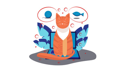 Red cat sleeping on a laptop and dreaming og a clew or a fish