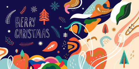 Trendy colorful Christmas abstract illustration with Christmas tree and doodles