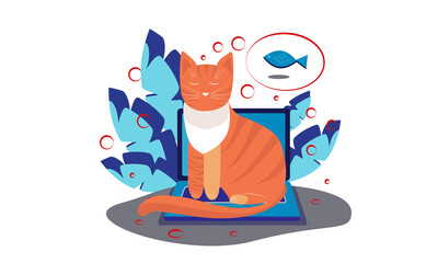 Red cat sleeping on a laptop dreaming on a fish