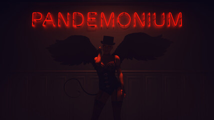 Devil Woman Red Daemon Fallen Angel with Black Wings and Tail in a Corset and Top Hat with Neon Pandemonium Sign on the Wall Gates of Hell 3d Illustration render - obrazy, fototapety, plakaty