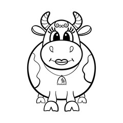 The cute cow is isolated on the white background. The illustration for coloring book.