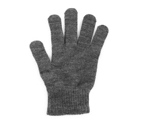 Grey woolen glove on white background, top view. Winter clothes