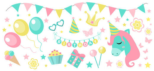 Happy birthday modern cute icons set, cartoon flat style. Party collection of design elements with unicorn, balloons, gerland, sweets. Candy and cake for childrens holiday kit. Vector illustration