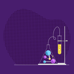 Vector template with empty space for text in concept of education, chemistry, science, research. Abstract bound molecules of substance are depicted on empty blue gradient background. It is in tube.