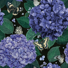 Pattern hydrangea with butterflies. Hand drawing in gouache. Suitable for the design of fabric, paper