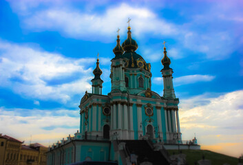 St. Andrew's Church in Kiev. A blue temple against a cloudy sky.