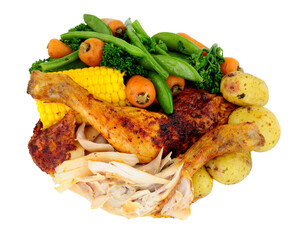 Roast piri piri chicken leg meal with vegetables isolated on a white background