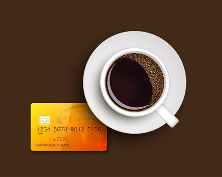 Cup of coffee on warfare dish, bank chip card. Breakfast image, top view. Morning drink coffe and plastic credit card. Hot coffee cup on white platter, debit card top banner. cashless payment
