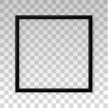 Square 3D frame. Black frame isolated on background. Realistic modern border. Black boarder with shadow for design picture, presentation, mockup, photo, poster, restaurant menu. Framewor. Vector