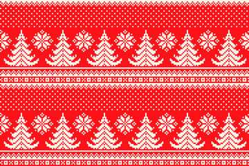 Winter Holiday Pixel Pattern with Christmas Trees Striped Ornament. Vector Seamless Holiday Design Background.