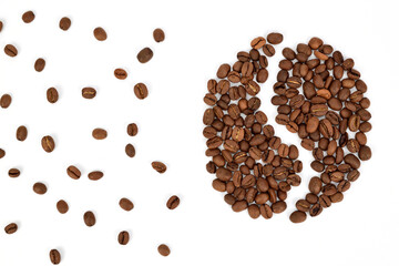 Large coffee bean lined with coffee beans on a white background. Single coffee beans are scattered around.