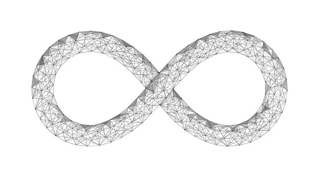 Symbol of infinity. Low-poly construction of concatenated lines and dots. Isolated on a white background.