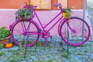 Decorative bicycle with flowers on street