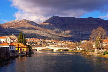 View of Trebisnjica river and  Trebinje city  on winter day. Bosnia and Herzegovina, Republika Srpska