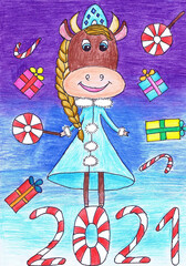 Goby in the suit of the Snow Maiden, 2021. Children's drawing