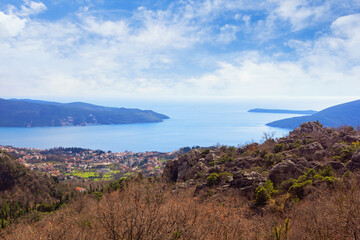 Beautiful winter Mediterranean landscape. Montenegro, view of  Adriatic Sea and Bay of Kotor near Herceg Novi city