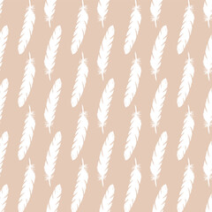 White feathers seamless pattern on pink background.