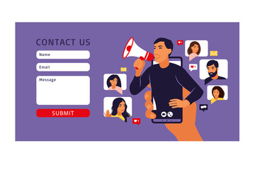 Contact us form template for web. Man in smartphone shouting in loud speaker. Influencer or social marketing. illustration. Vector