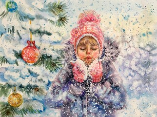 Snowfall. Beauty Winter Girl. Flying Snowflakes. Winter time. Winter girl blowing snow in a park. Christmas background with falling snowflakes. Hand painted watercolor background blue, white, gray.