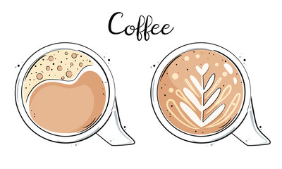 Cups of coffee top view. Hot beverage drink. Vector illustration.