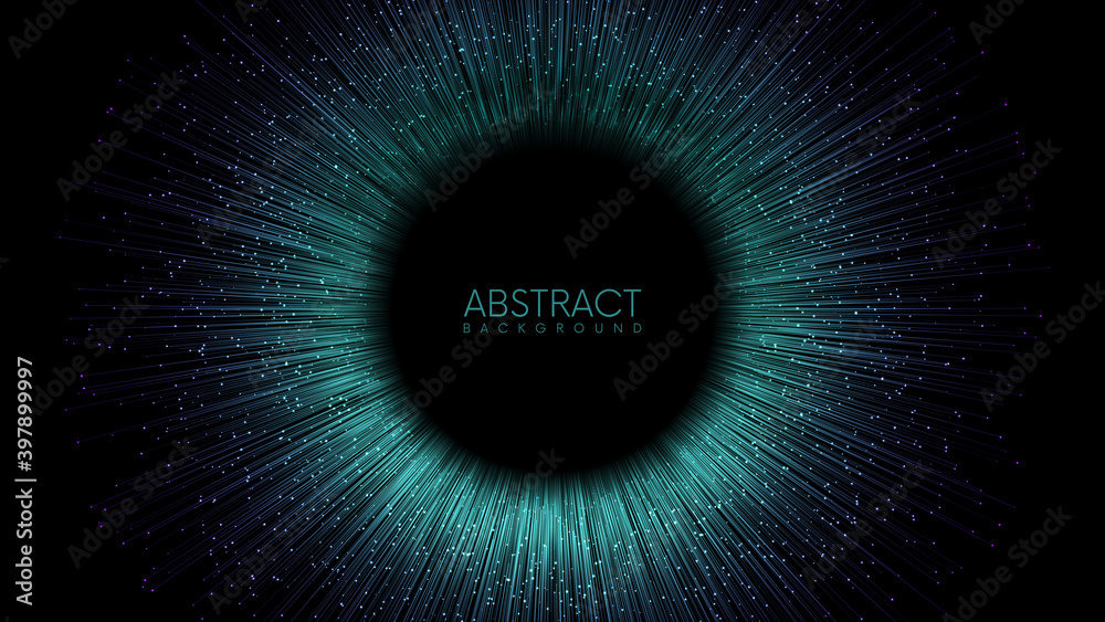 Wall mural rays or lines with glowing particles fly out of black hole. abstract vector background with place fo