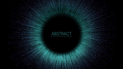 Rays or lines with glowing particles fly out of black hole. Abstract vector background with place for your content. Easy to change colors