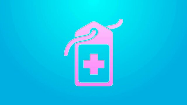 Pink line Cross hospital medical tag icon isolated on blue background. First aid. Diagnostics symbol. Medicine and pharmacy sign. 4K Video motion graphic animation