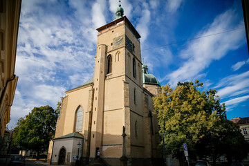 View of the Tower of the Havlickuv Brod's Cathedral with the clock, Gothic church of the Assumption...
