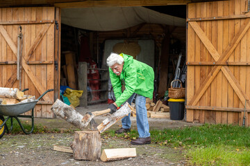 Retired senior man holding the heavy axe. Axe in lumberjack hands chopping or cutting wood trunks.