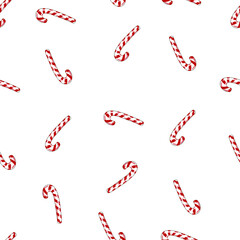 Seamless festive background. Traditional candy hooks. Red and white lollipops. Vector. Cartoon. Christmas tree hooks. Christmas and New Year. Suitable for fabric, paper and wallpaper.