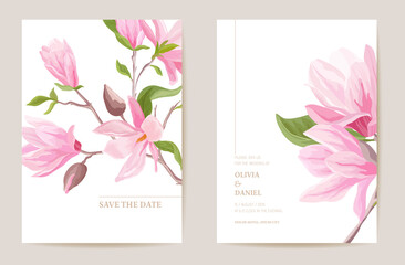 Wedding invitation magnolia flowers, leaves card. Watercolor floral minimal template vector