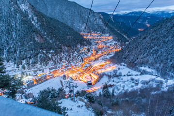 Cityscape of Arinsal, La Massana, Andorra in winter - obrazy, fototapety, plakaty