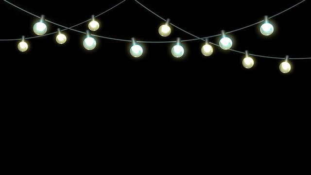Festival string lights garlands, hanging down, gentle light flicker, 3D animation, on transparent background in 4K version only and with alpha matte for HD version.
