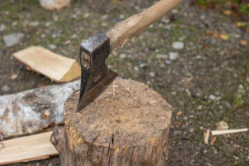 Axe slammed directly into the log. Cutting wood trunks.